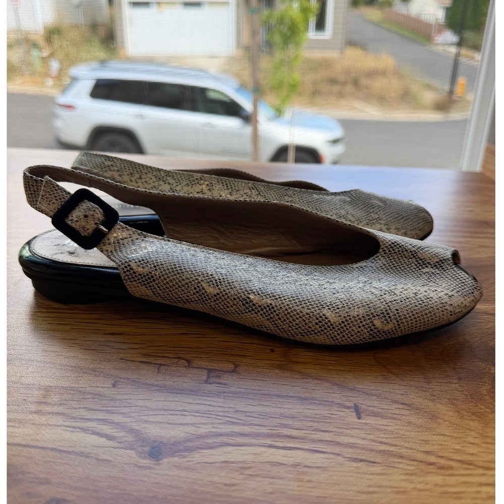 BeautiFeel Snakeskin Print Slingback Peep Toe Flats Grey Black Patent Leather 37